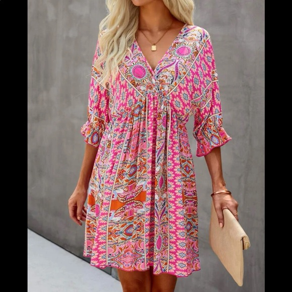 Boho Green Floral Print Ruffle Sleeve Mini Dress Cottagecore - Picture 3 of 8